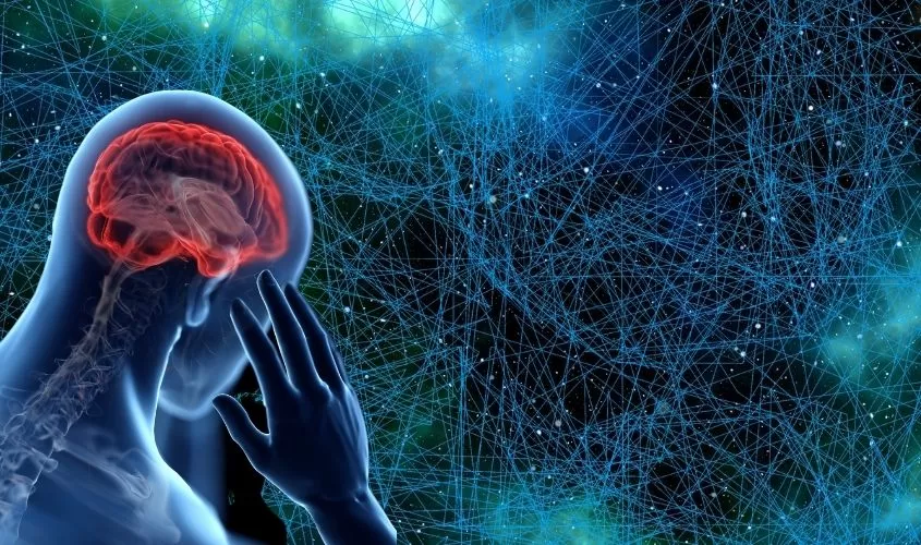Digital illustration of a human figure with an exposed brain, symbolizing brain injury